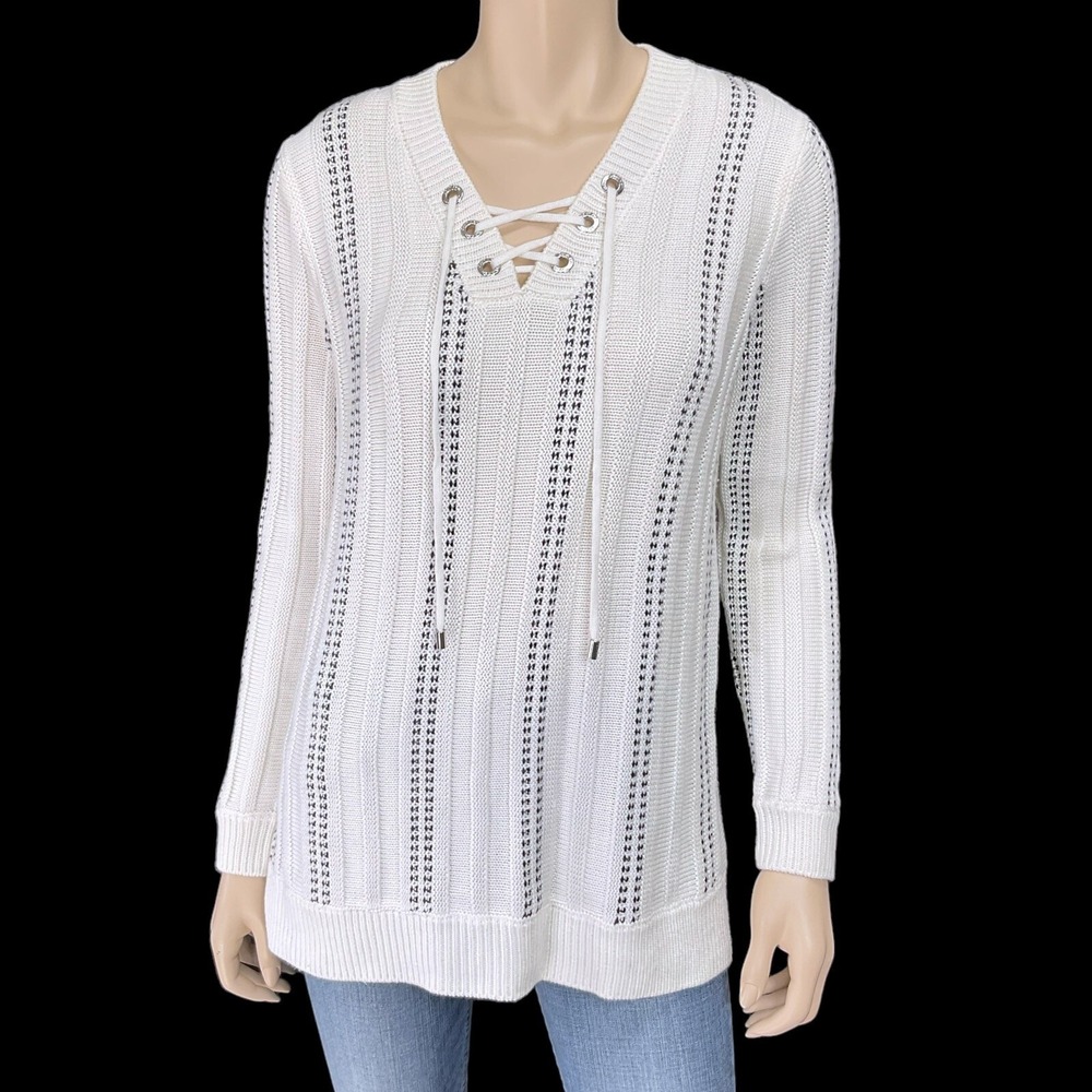 Calvin Klein Sweater Womens White Black Rib Long Sleeve Small